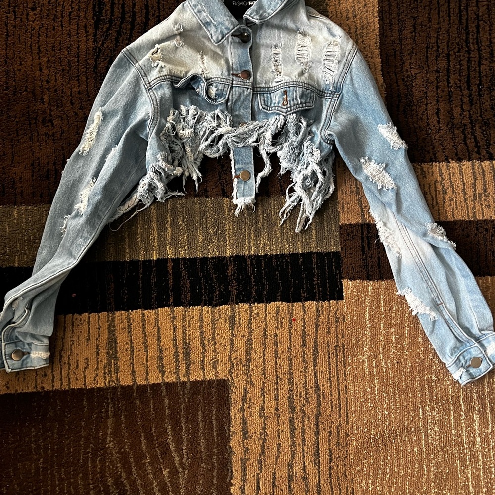 Fashion Nova Light Blue Distressed Cropped Jacket